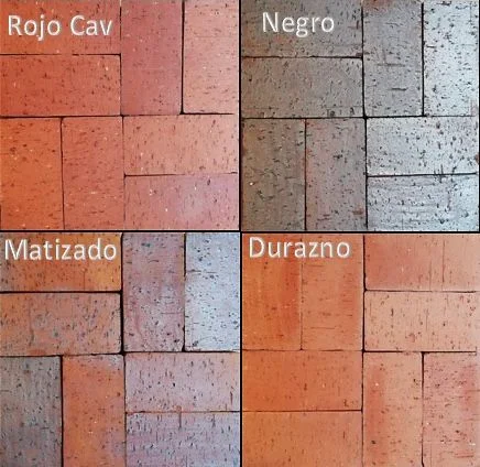 Muestra de colores de adoquines de arcilla (Rojo Cav, Negro, Matizado, Durazno)
